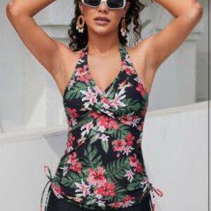 💰 5/$20!! SHEIN Black and Pink tropical halter Swim top women’s sz XL